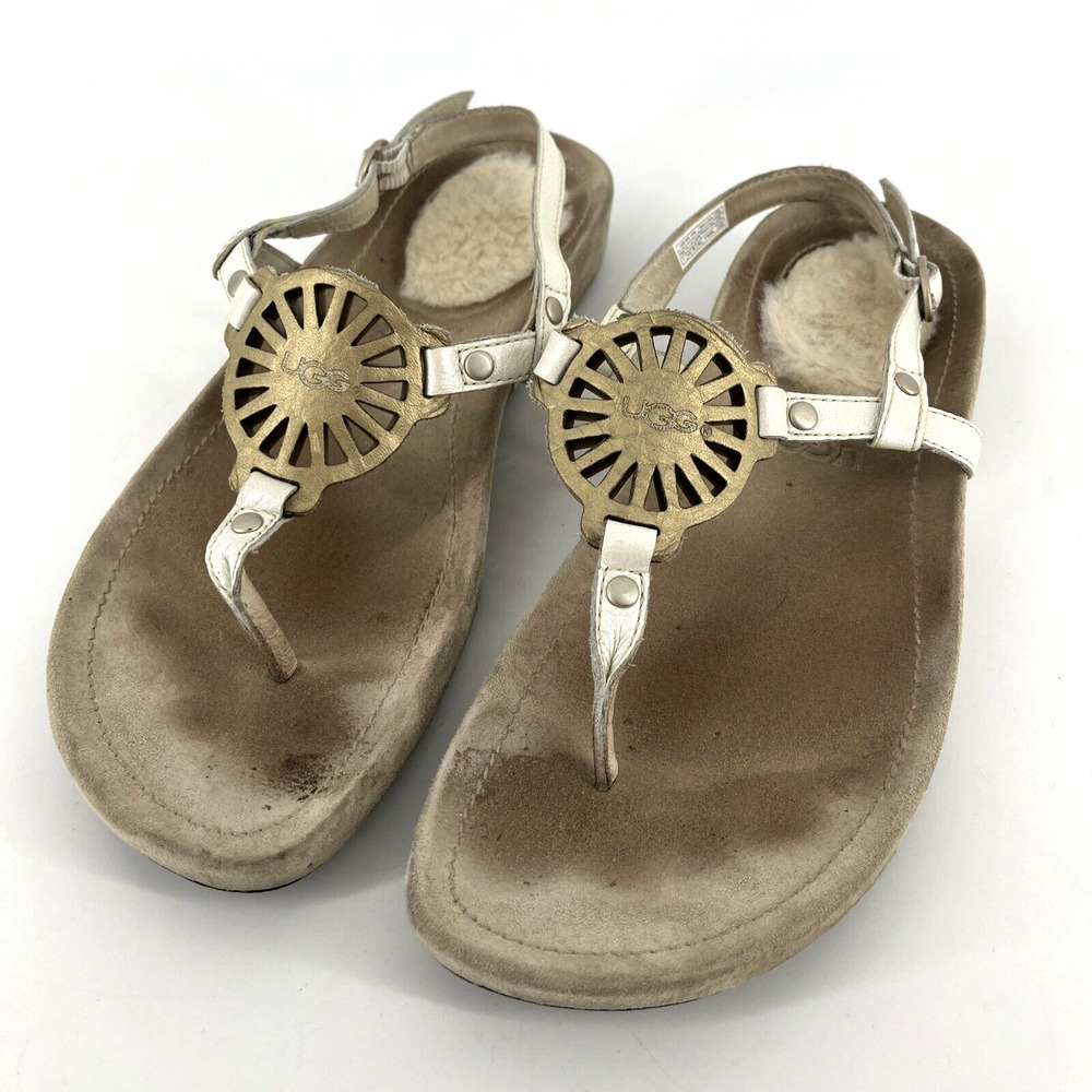 UGG T Strap sandals 1765 Halendi Womens Size 8 Gold/Cream Leather